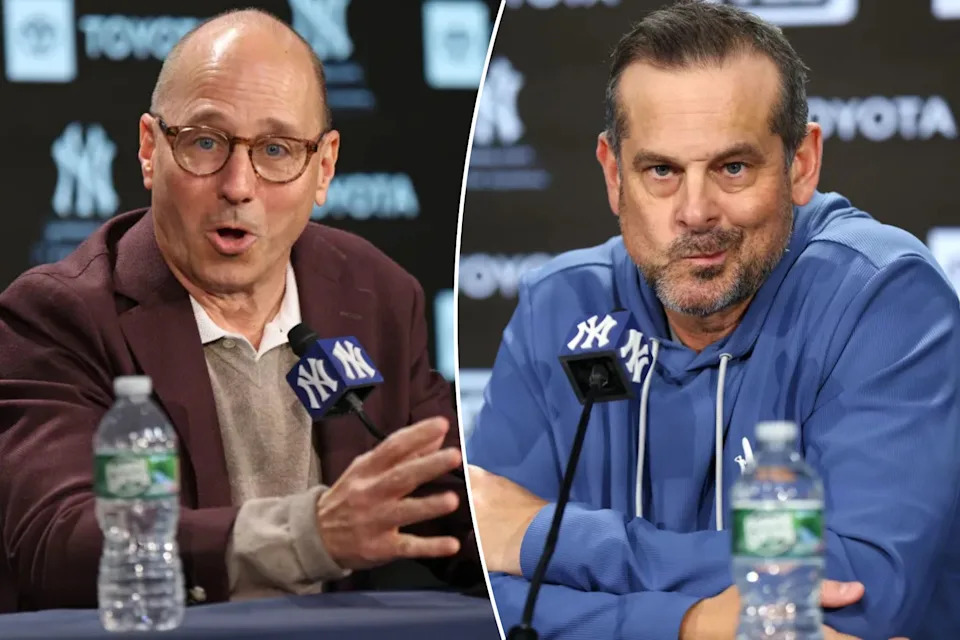 An image collage containing 2 images, Image 1 shows Yankees general manager Brian Cashman speaks to reporters at Yankee Stadium on Oct. 16, 2025, Image 2 shows Yankees manager Aaron Boone during a press conference at Yankee Stadium on Oct. 16, 2025 An image collage containing 2 images, Image 1 shows Yankees general manager Brian Cashman speaks to reporters at Yankee Stadium on Oct. 16, 2025, Image 2 shows Yankees manager Aaron Boone during a press conference at Yankee Stadium on Oct. 16, 2025